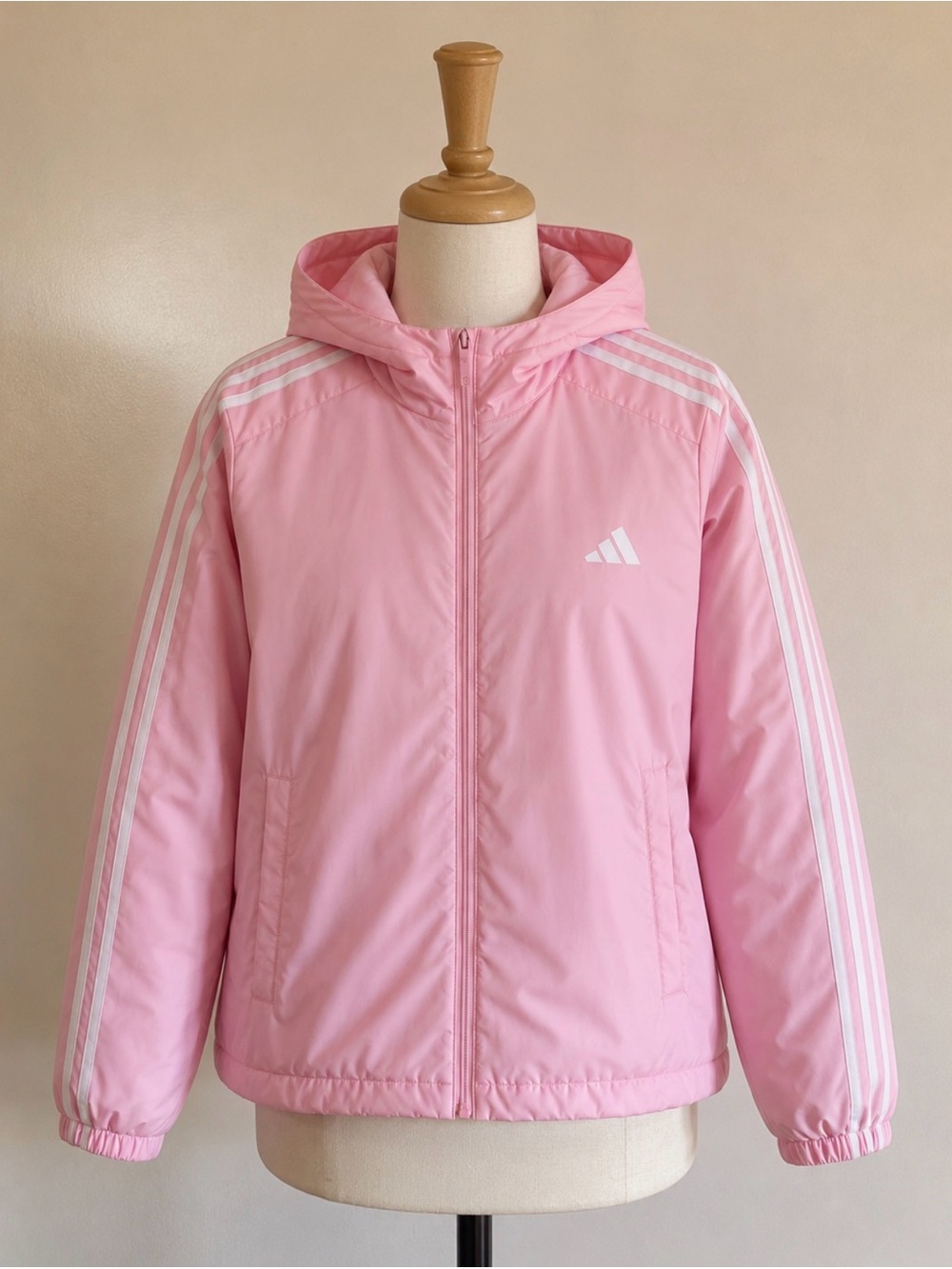 adidas Pink Hooded Puffer Jacket with White Stripe Detail